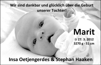 Babyanzeige von Marit  von Nordwest-Zeitung