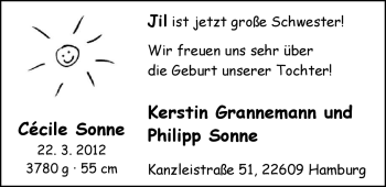 Babyanzeige von Cécile Sonne von Nordwest-Zeitung