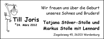 Babyanzeige von Till Joris  von Nordwest-Zeitung