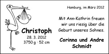 Babyanzeige von Christoph Schmidt von Nordwest-Zeitung
