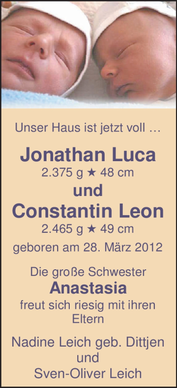 Babyanzeige von Jonathan Luca, Constantin Leon Leich von Nordwest-Zeitung