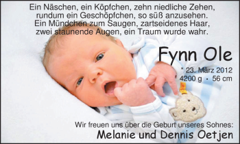 Babyanzeige von Fynn Ole Oetjen von Nordwest-Zeitung