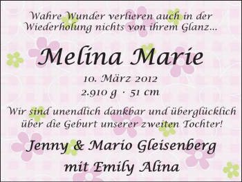 Babyanzeige von Melina Marie Gleisenberg von Nordwest-Zeitung