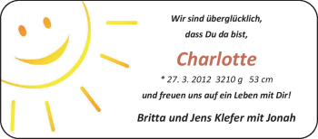 Babyanzeige von Charlotte Klefer von Nordwest-Zeitung