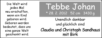 Babyanzeige von Tebbe Johan Sandhaus von Nordwest-Zeitung