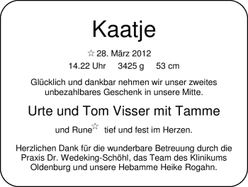 Babyanzeige von Kaatje  von Nordwest-Zeitung
