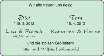 Babyanzeige von Piet und Tom  von Nordwest-Zeitung