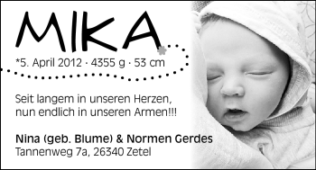 Babyanzeige von Mika  von Nordwest-Zeitung