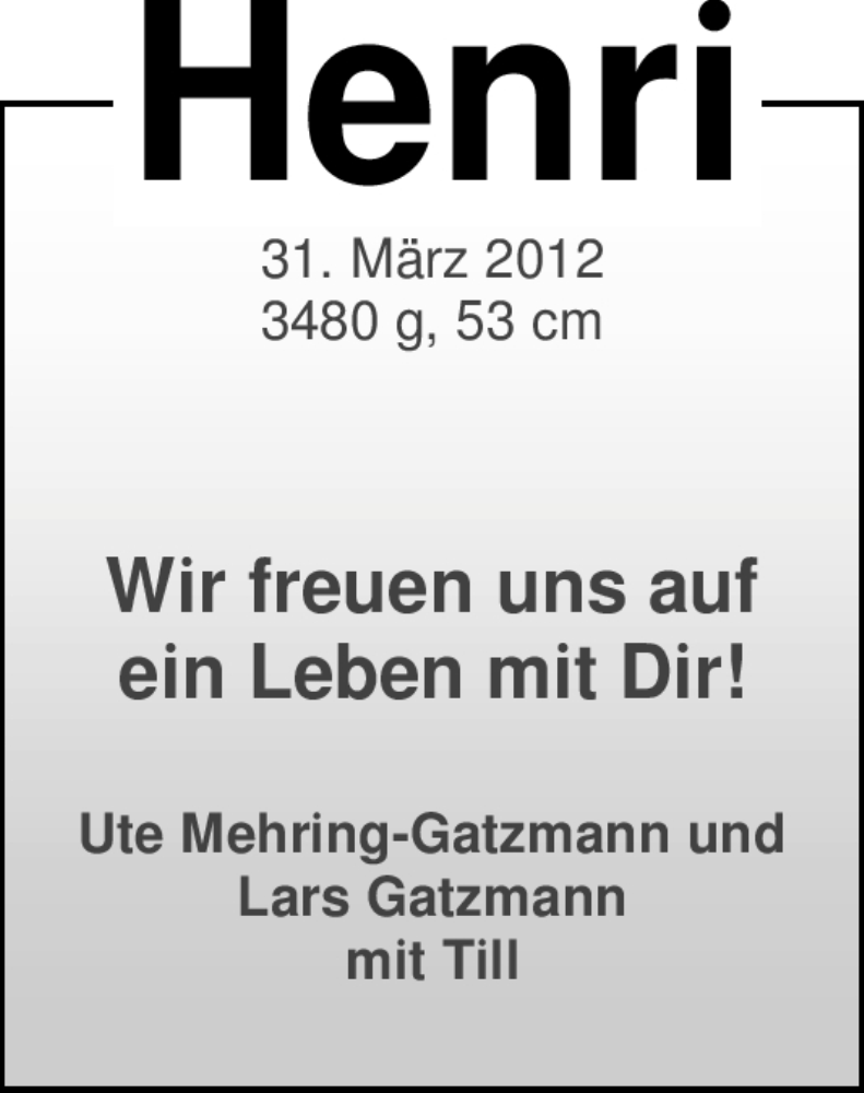 Anzeige für Henri Gatzmann vom 14.04.2012 aus Nordwest-Zeitung