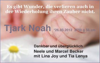Babyanzeige von Tjark Noah Becker von Nordwest-Zeitung