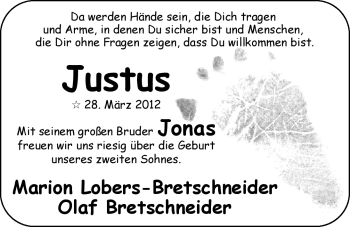 Babyanzeige von Justus Bretschneider von Nordwest-Zeitung