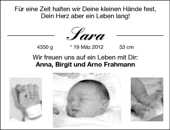 Babyanzeige von Sara  von Nordwest-Zeitung