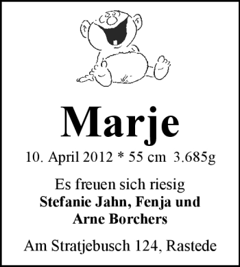 Babyanzeige von Marje Borchers von Nordwest-Zeitung