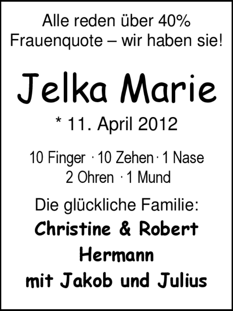 Anzeige für Jelka Marie Hermann vom 21.04.2012 aus Nordwest-Zeitung