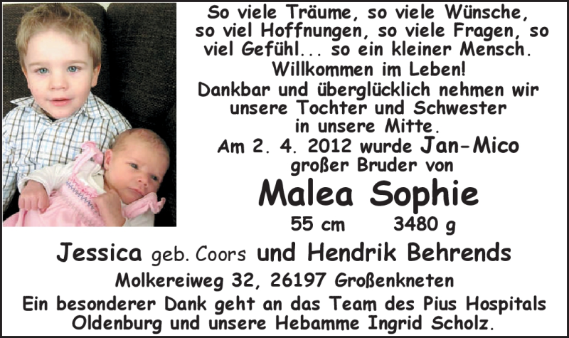 Anzeige für Malea Sophie Behrends vom 21.04.2012 aus Nordwest-Zeitung