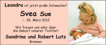 Babyanzeige von Svea Sue Lutz von Nordwest-Zeitung