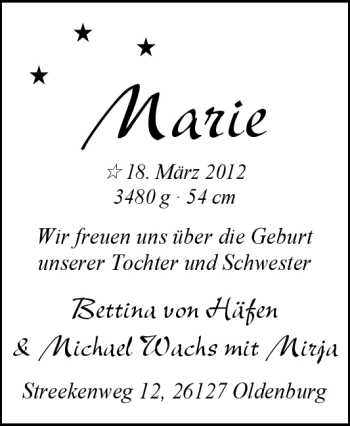 Babyanzeige von Marie  von Nordwest-Zeitung