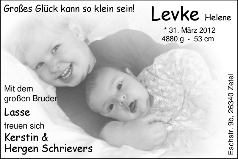 Anzeige für Levke Schrievers vom 21.04.2012 aus Nordwest-Zeitung
