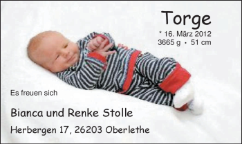 Babyanzeige von Torge Stolle von Nordwest-Zeitung