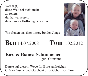Babyanzeige von Tom  von Nordwest-Zeitung