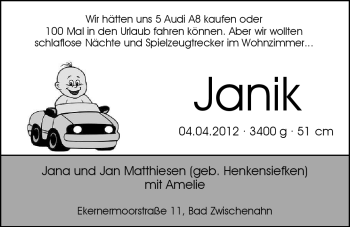 Babyanzeige von Janik  von Nordwest-Zeitung