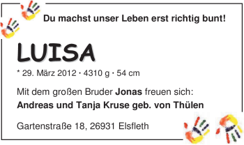Babyanzeige von Luisa Kruse von Nordwest-Zeitung
