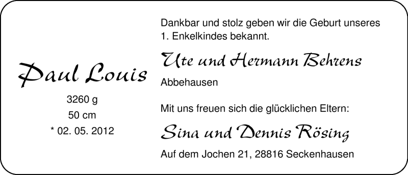 Anzeige für Paul Louis Rösing vom 05.05.2012 aus Nordwest-Zeitung