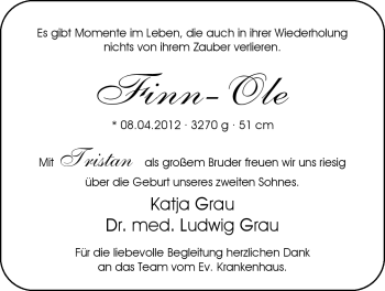 Babyanzeige von Finn-Ole  von Nordwest-Zeitung
