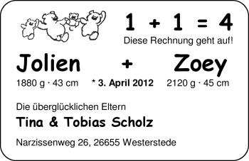 Babyanzeige von Jolien und Zoey Scholz von Nordwest-Zeitung