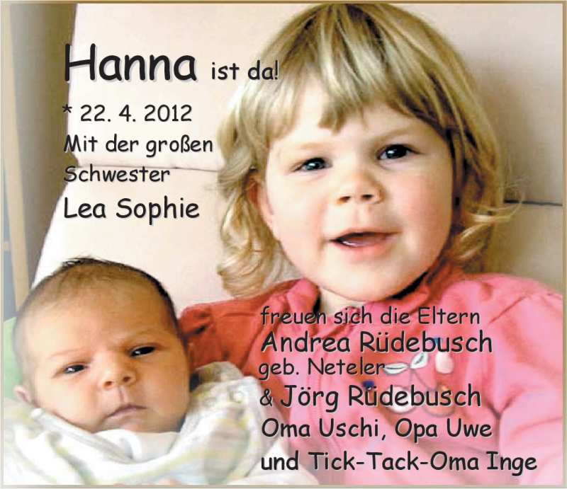 Anzeige für Hanna  vom 12.05.2012 aus Nordwest-Zeitung