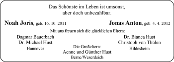 Babyanzeige von Jonas Anton und Noah Joris  von Nordwest-Zeitung