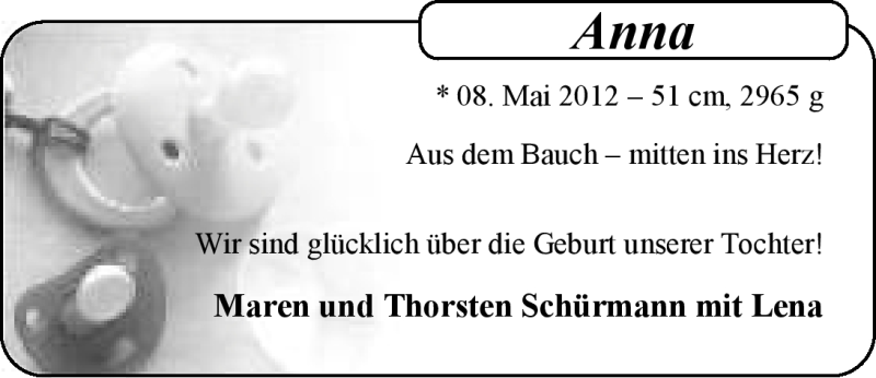 Anzeige für Anna Schürmann vom 19.05.2012 aus Nordwest-Zeitung