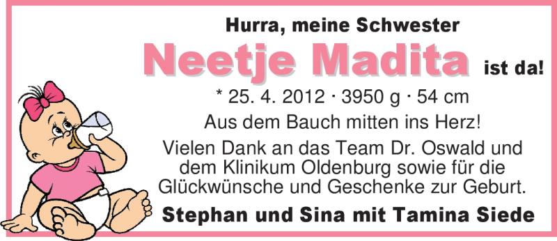 Anzeige für Neetje Madita Siede vom 26.05.2012 aus Nordwest-Zeitung