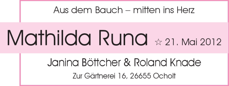Anzeige für Mathilda Runa  vom 26.05.2012 aus Nordwest-Zeitung