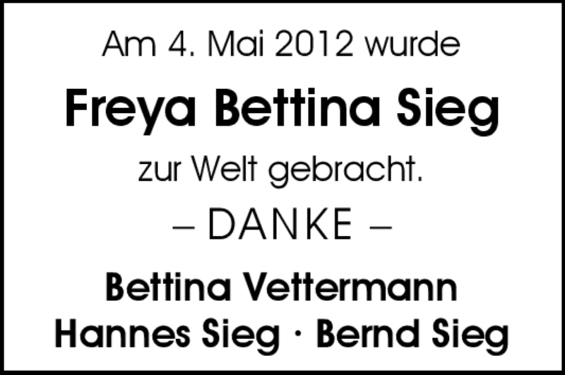 Anzeige für Freya Bettina Sieg vom 26.05.2012 aus Nordwest-Zeitung