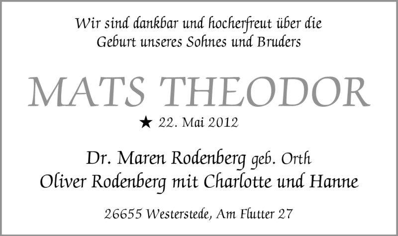 Anzeige für Mats Theodort Rodenberg vom 26.05.2012 aus Nordwest-Zeitung