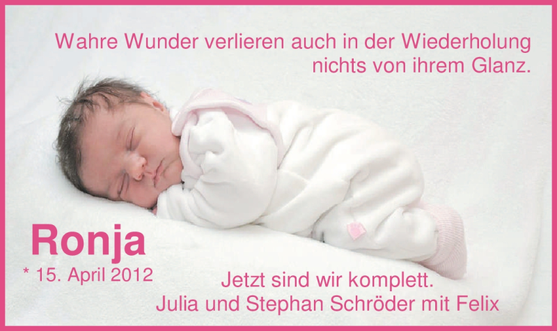 Anzeige für Ronja Schröder vom 05.06.2012 aus Nordwest-Zeitung