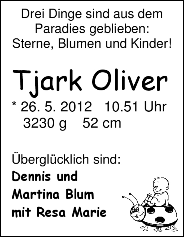 Anzeige für Tjark Oliver Blum vom 02.06.2012 aus Nordwest-Zeitung