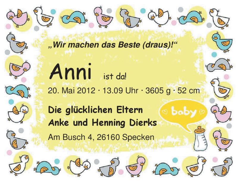 Anzeige für Anni Dierks vom 04.06.2012 aus Nordwest-Zeitung