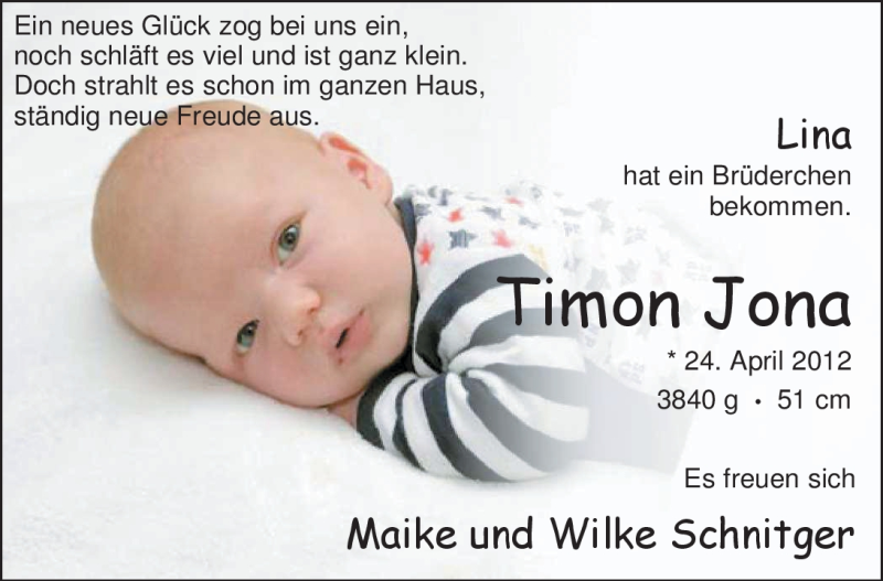 Anzeige für Timon Jona Schnitger vom 09.06.2012 aus Nordwest-Zeitung