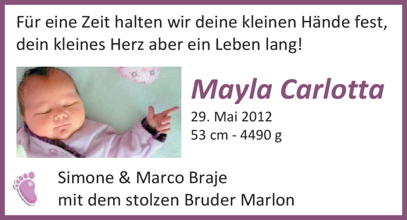 Anzeige für Mayla Carlotta Braje vom 09.06.2012 aus Nordwest-Zeitung