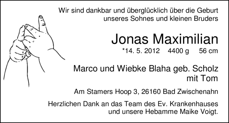 Anzeige für Jonas Maximilian Blaha vom 09.06.2012 aus Nordwest-Zeitung