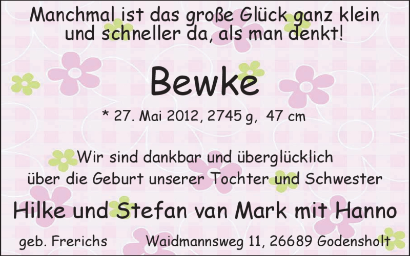 Anzeige für Bewke van Mark vom 16.06.2012 aus Nordwest-Zeitung