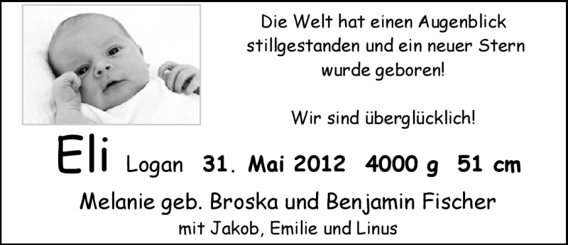 Anzeige für Eli Fischer vom 16.06.2012 aus Nordwest-Zeitung