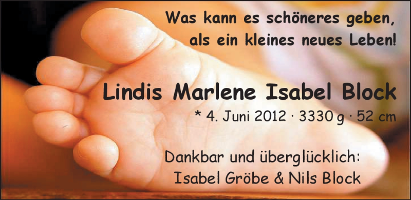 Anzeige für Lindis Marlene Isabel Block vom 23.06.2012 aus Nordwest-Zeitung