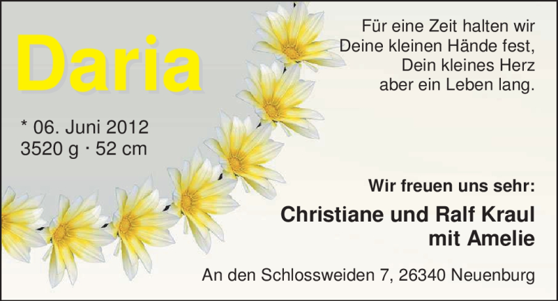 Anzeige für Daria Kraul vom 23.06.2012 aus Nordwest-Zeitung