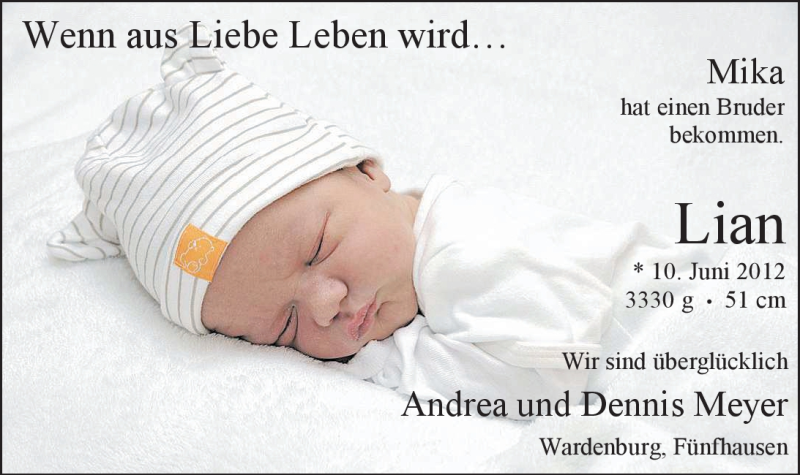 Anzeige für Lian Meyer vom 23.06.2012 aus Nordwest-Zeitung