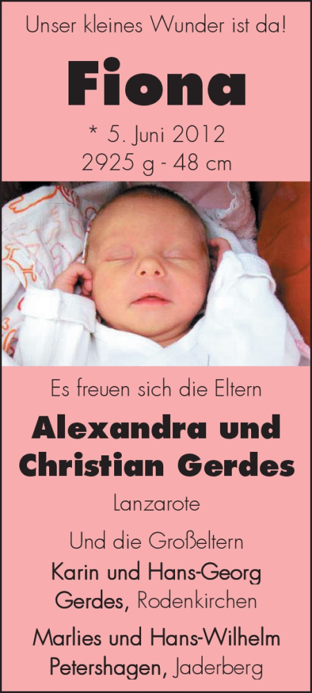 Anzeige für Fiona Gerdes vom 30.06.2012 aus Nordwest-Zeitung