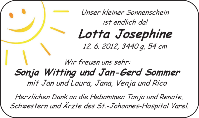 Anzeige für Lotta Josephine  vom 30.06.2012 aus Nordwest-Zeitung