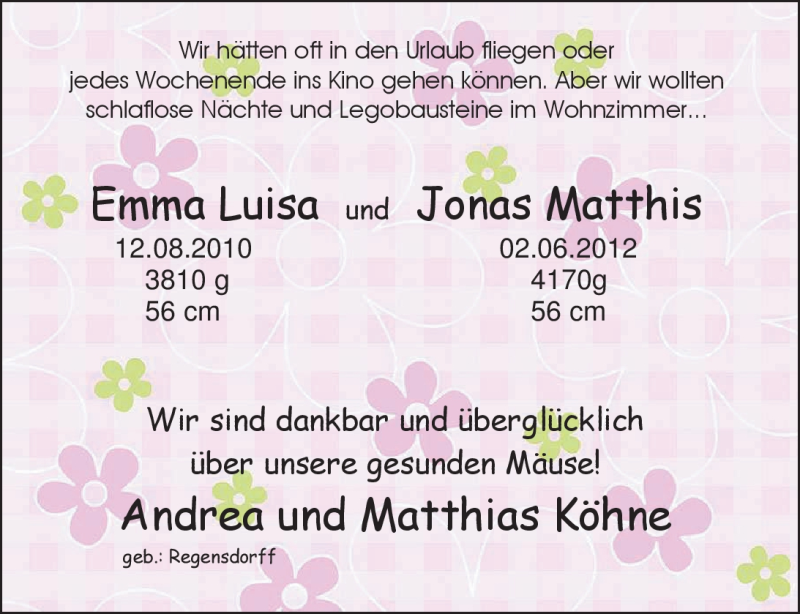 Anzeige für Jonas Matthis Köhne vom 14.07.2012 aus Nordwest-Zeitung